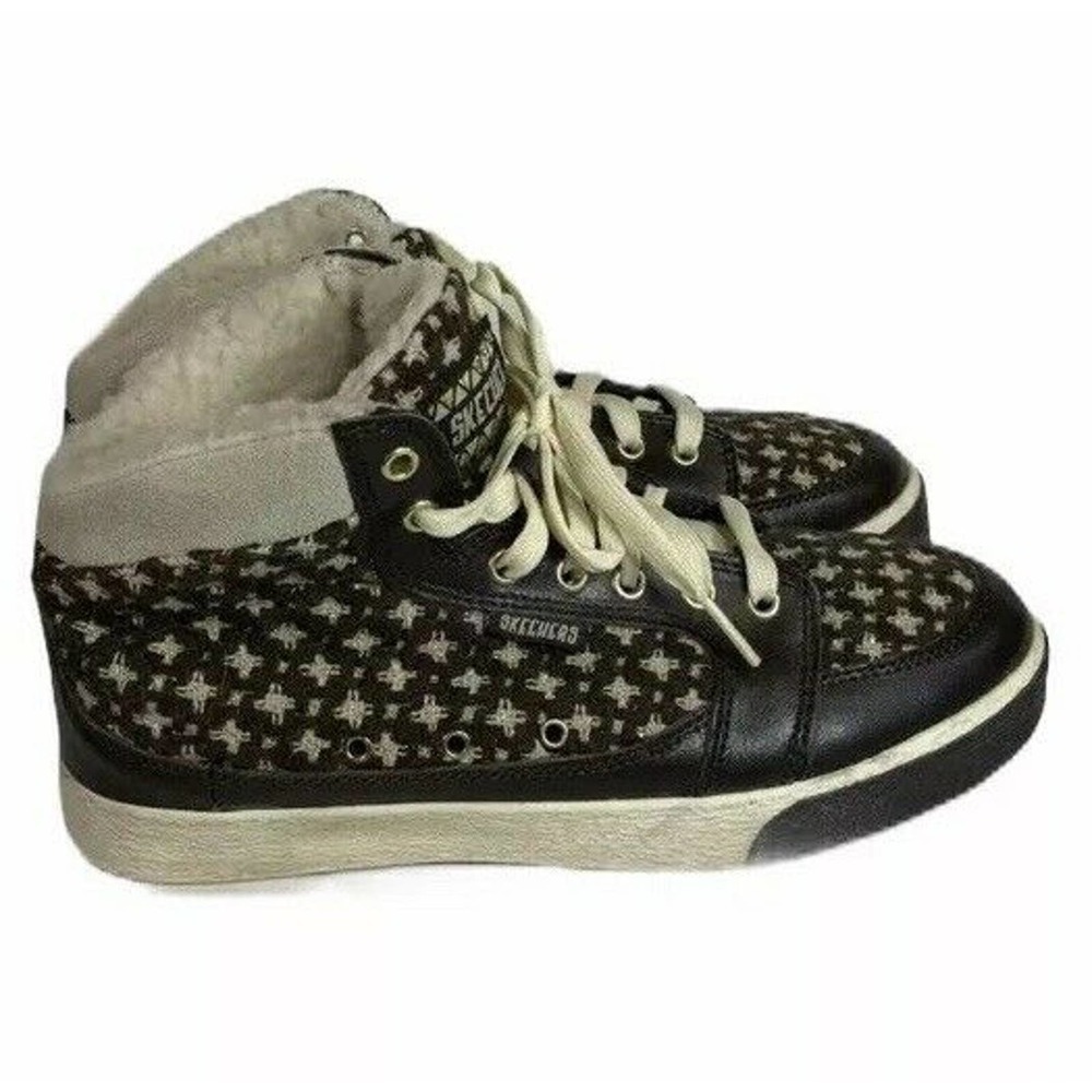 SKECHERS Womens Brown Gold Plaid Leather Sherpa Lined High-Top Sneakers Size 6.5